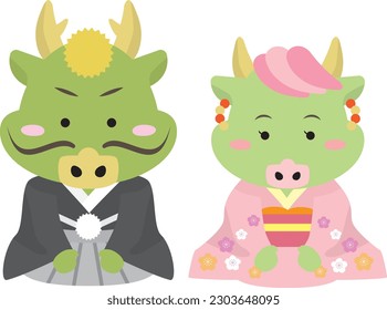 A set illustration of a dragon man and woman wearing a kimono that can be used for the 2024 Dragon New Year's card