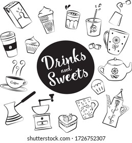 Set of illustration of drinks and sweets.