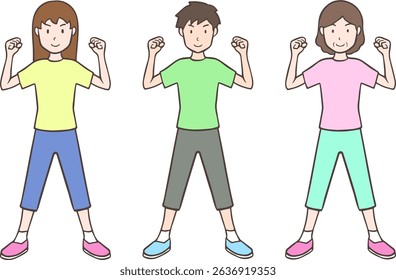 Set illustration of energetic young women, young men, and middle-aged women doing fist pumps
