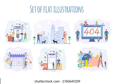 Set illustration. Error 404. People walk with dogs along the city street. Discharged power sources, various state of battery charging. Business Planning and Schedule.Contact us. Colorful vector