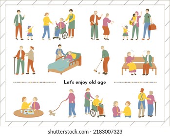 set illustration of everyday elderly people 