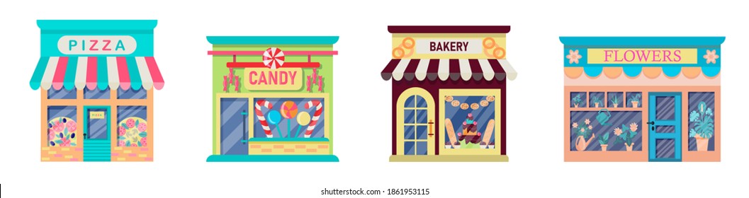 Imagen de la fachada exterior del edificio de la tienda.Colección de las fachadas de las tiendas:panadería, pizzería, floristería, tienda de dulces aislada en un fondo blanco.Ilustración vectorial de estilo plano