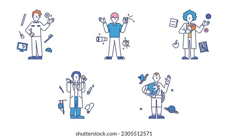 It is a set illustration F of a man who works in a wide variety of science jobs.