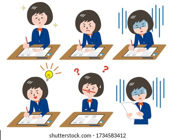 Set of illustration of facial expression of female student taking exams