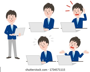 Set of illustration of facial expression of male student using PC