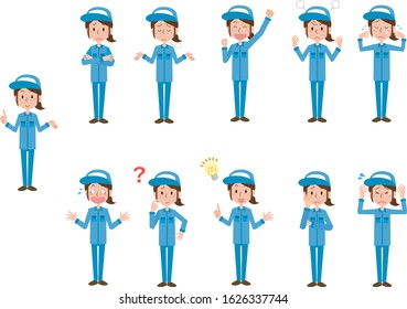 Set illustration of facial expression pose of woman wearing work clothes