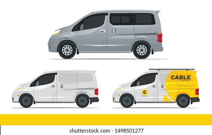 Set Illustration of Family Van Car Mpv with 4 doors, sliding door, and service branding for company svg