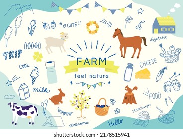 set illustration of farm icons and animals