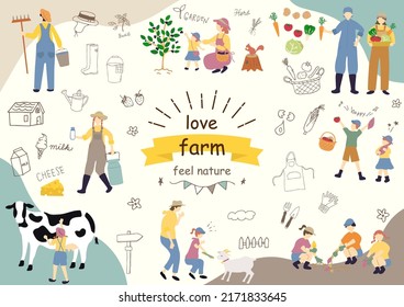 Set Illustration Of Farmers And People Enjoying Dairy Farming Experience