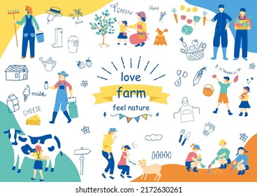 Set Illustration Of Farmers And People Enjoying Dairy Farming Experience