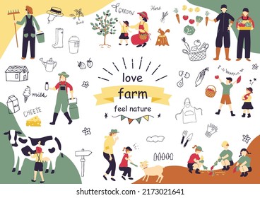 Set Illustration Of Farmers And People Enjoying Dairy Farming Experience