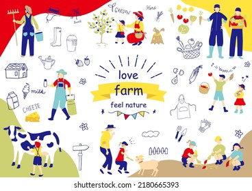 Set Illustration Of Farmers And People Enjoying Dairy Farming Experience