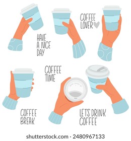 Set of illustration with female hands holding paper cup with sleeve with coffee. Takeaway tea cup for hot drinks
