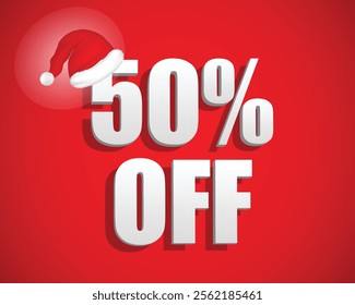 Set illustration of festive red banner highlighting a "50% Off" discount offer, featuring bold white text and a Santa hat graphic to evoke the holiday spirit. Perfect for Christmas-themed promotions