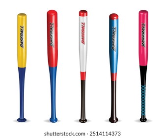 Set illustration of five baseball bats, each with a unique and vibrant color scheme. The bats display a variety of designs, including solid colors, two-tone combinations, and patterns. These visually 