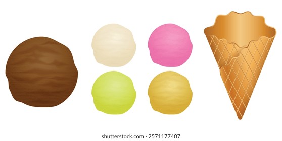 Set illustration of five colorful ice cream scoops in various flavors (chocolate, vanilla, strawberry, lemon, and pistachio) alongside a detailed waffle cone. Each scoop is distinct in color