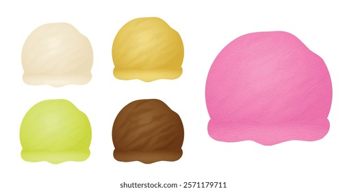 Set illustration of five ice cream scoops in different flavors: vanilla, lemon, strawberry, pistachio, and chocolate. Each scoop has a distinct color and smooth texture, emphasizing the diversity