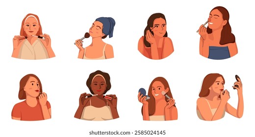 Set Illustration of flat women doing makeup. Beautiful girls with cosmetics, lipstick. Holding beauty product, cosmetic. Flat Illustration isolated on white background.