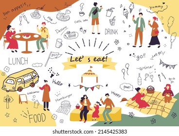 set illustration of food icons and eating people