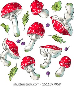 Set illustration with forest fly agaric, toadstools, leaves, berries