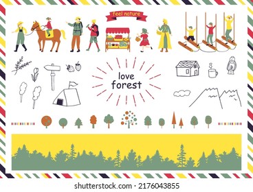 set illustration of forest icons and people enjoying adventure