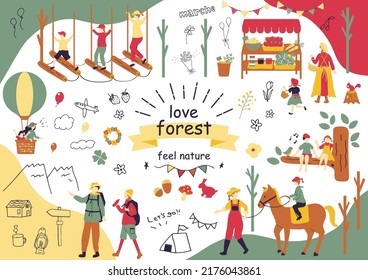 set illustration of forest icons and people enjoying adventure