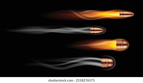 Set Illustration von vier Kugeln in dynamischer Bewegung erfasst, zeigt ihre Geschwindigkeit mit lebendigen Spuren von Flammen und Rauch. Die visuellen Kontraste zwischen den glühenden feurigen und subtilen rauchigen Trails