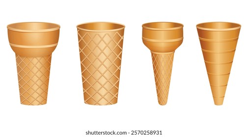 Set illustration of four detailed digital illustrations of ice cream cones showcasing diverse designs and patterns. The image includes waffle-style cones and smooth tapered cones, perfect for desserts