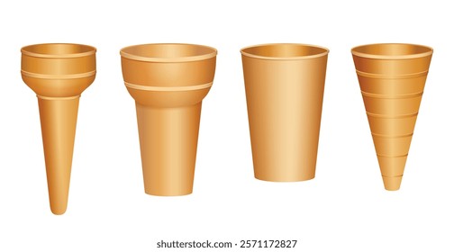 Set illustration of four different types of ice cream cones, each with unique shapes and designs. The cones are displayed side by side, showcasing variations such as a classic cone, a cup-style cone