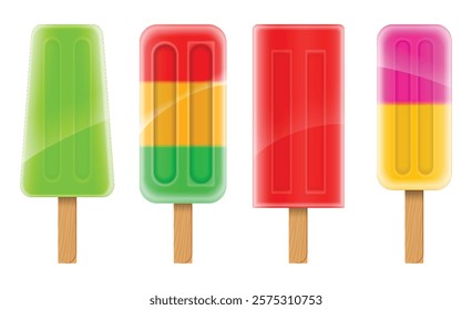 Set illustration of four ice pops featuring various designs and colors. The image showcases green, striped, red, and pink-yellow ice pops with wooden sticks, evoking a refreshing and fun summer vibe.