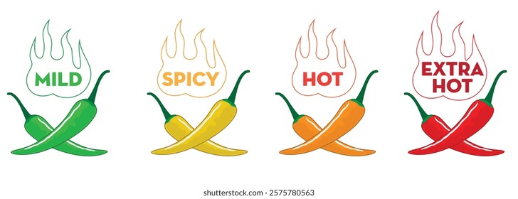 Set illustration of four levels of chili spiciness: mild, spicy, hot, and extra hot. Each level is symbolized by chili peppers in different colors (green, yellow, orange, and red) with flame icons to 