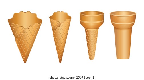 Set illustration of four types of empty ice cream cones, including waffle and sugar cone variations. The image highlights the texture and shapes of classic dessert cones, making it perfect for food