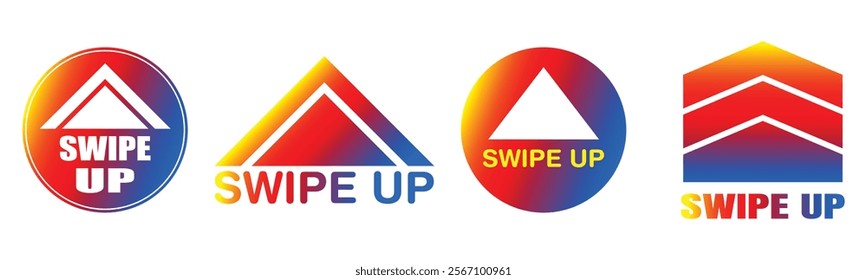 Set illustration of four vibrant "Swipe Up" icons featuring gradient designs with red, yellow, and blue hues. Each icon incorporates a triangular arrow element pointing upwards, symbolizing upward