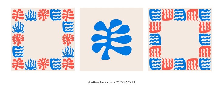 Set of illustration and frames with abstract organic shapes. Vector flat illustration with wavy geometric corals or seaweed. Silhouette of ethnic nature