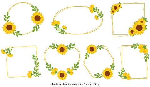 Set-Illustration von Rahmen für Sonnenblumen. Set von Sonnenblumen einzeln auf weißem Hintergrund. Sammlung von schönen Sonnenblumen, Sonnenblumen Rahmen. Sonnenblumen Rahmen, Geometrie-Rahmen.