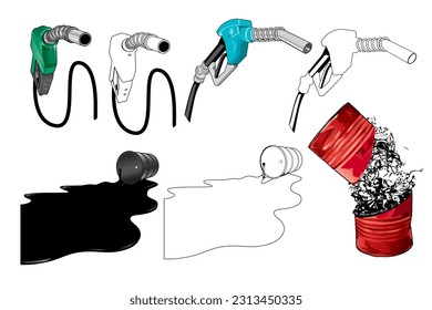 conjunto de ilustraciones de la bomba de combustible, aceite derramado de la lata aislado en fondo blanco