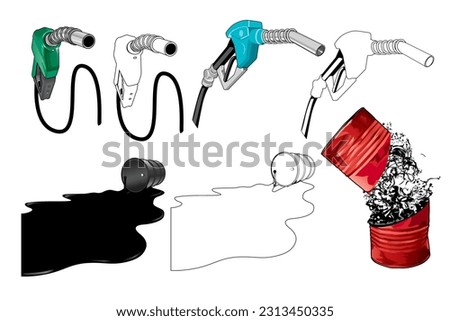 set of illustration of fuel pump, spilled oil from can isolated on white background