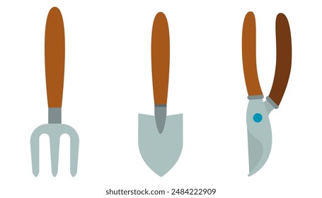 Set illustration of garden tools. Pruner, manual landing fork, trowel.Vector illustration