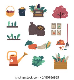 Set illustration of gardening elements: leaves, bucket, wooden box, bag of potatoes, watering can, vegetables. 