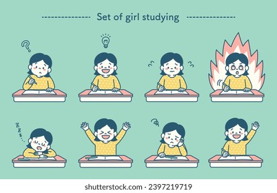 Set illustration of girl studying at her desk