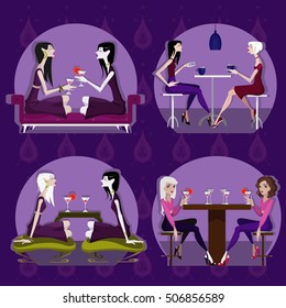 Set of illustration with girls in bar.