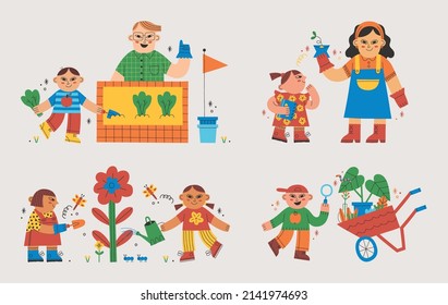 Set Illustration Of Girls And Boys Doing A Gardening Class With Teacher. Children Seek Farming Experience.