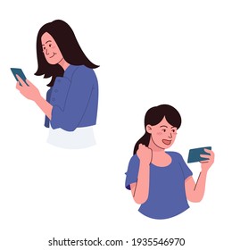 Set illustration of girls playing mobile phone in isolated background, happy girl play mobile phone flat vector illustration