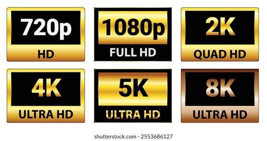 Set illustration of gold and black display resolution badges, showcasing various video qualities including 720p, 1080p Full, 2K Quad HD, 4K Ultra HD, 5K Ultra HD, and 8K Ultra HD. Ideal for use