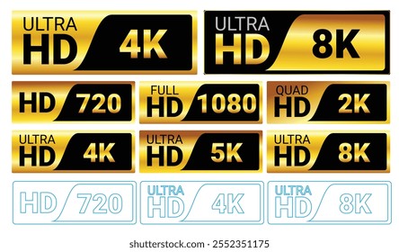 Ilustración de conjunto de etiquetas de oro y negro que muestran varias resoluciones de pantalla, incluyendo HD, 720p, Full HD 1080p, Quad HD 2K, Ultra HD 4K, 5K y 8K. La Imagen incluye diseños audaces y