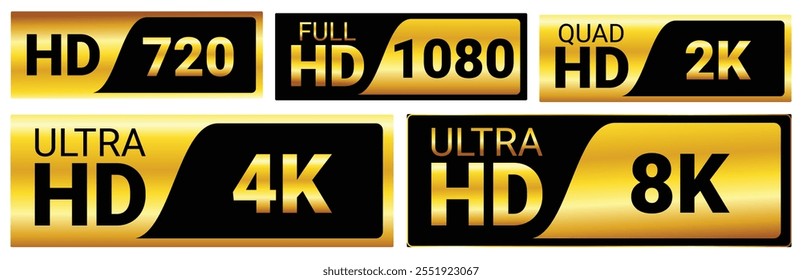 Set illustration of gold and black logos representing various display resolutions: HD 720p, Full HD 1080p, Quad HD 2K, Ultra HD 4K, and Ultra 8K. These logos highlight different video and screen