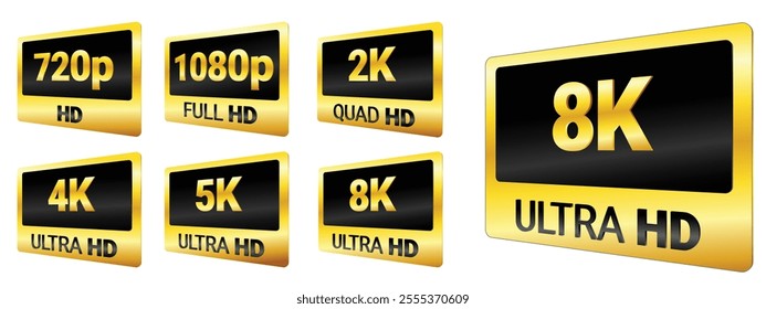 Set illustration of gold-and-black logos representing various screen resolutions, including 720p, 1080p, 2K Quad HD, 4K Ultra HD, 5K Ultra HD, and 8K Ultra HD, designed with a sleek, modern style