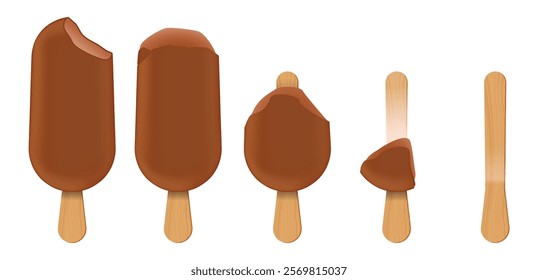 Set illustration of the gradual consumption of a chocolate-coated ice cream bar, from a full bar to an empty wooden stick. The design captures five stages of eating, emphasizing the melting and bite