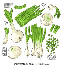 Set illustration with green onion and lettering