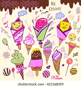 Set of illustration hand-drawn element cartoon images sweets, chocolate ice cream. Color logotype for sweet shop, cafe, restaurant. Vectors drawing lettering i love ice cream. 